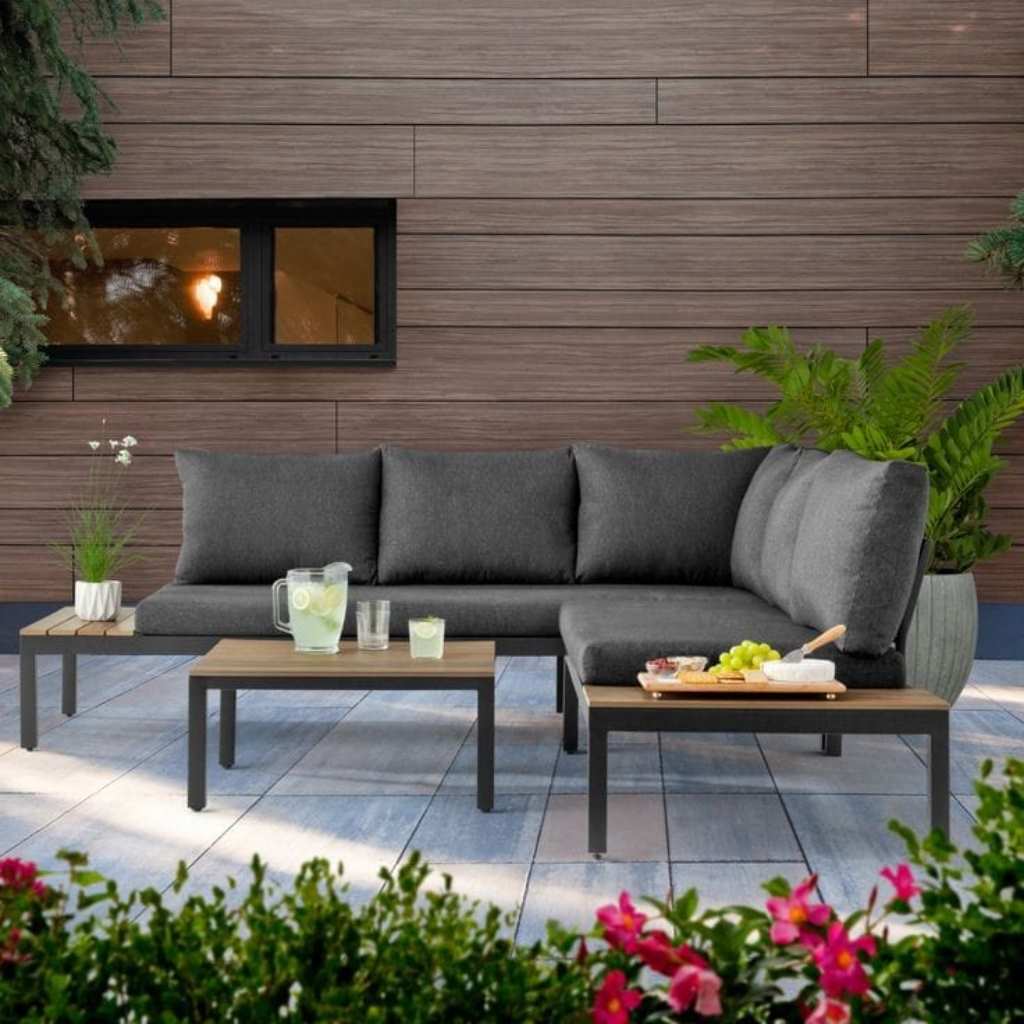 Steel and Beech Wood Outdoor Sofa - Brown & Gray
