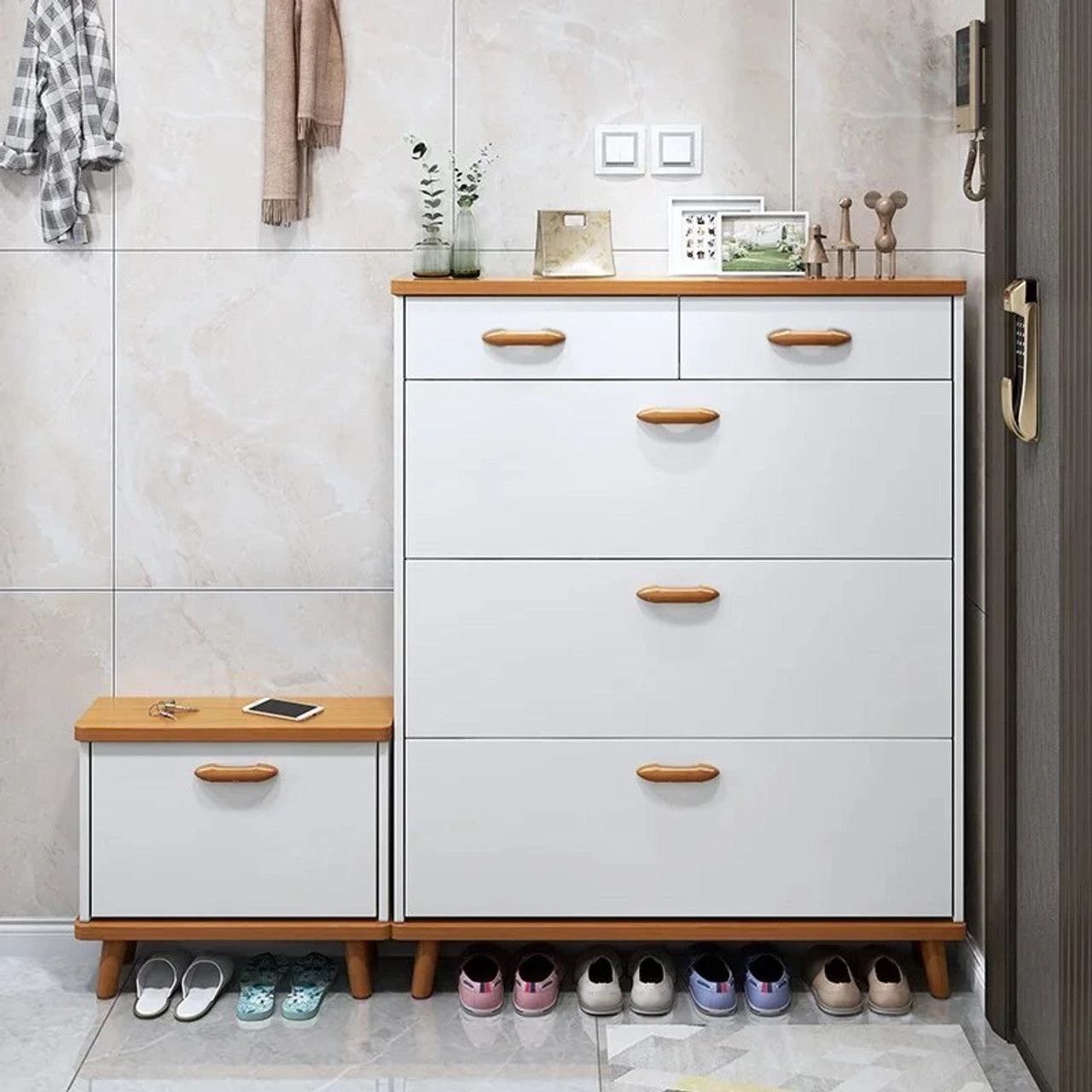 جزامة مع بانكيت - أبيض وبيج - 3 ضلفة قلاب + 2 درج-SHC-124