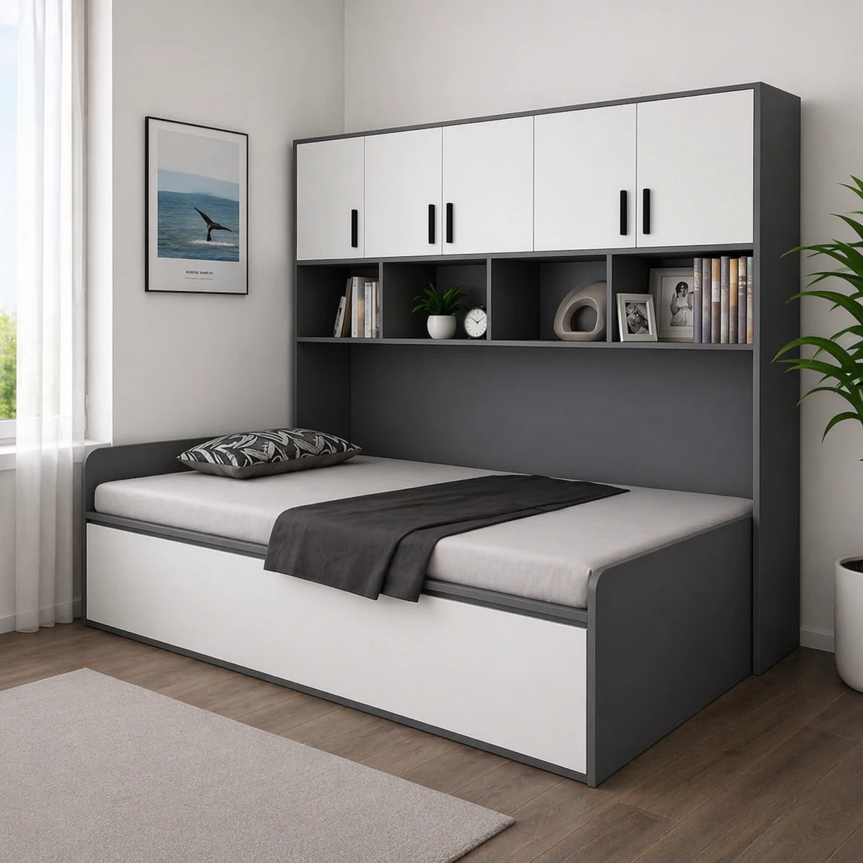 سرير مودرن بوحدة تخزين علوية – سرير متعدد الاستخدامات بتصميم عملي- KBR-0012
