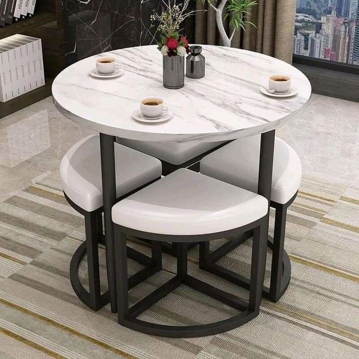 سفرة متداخل موفر مساحة ترابيزة 4كرسى استيل اسود سطح خشب كنتر .